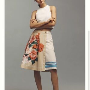Maeve Beige Panel Skirt with Pink & Red Floral and Blue Stripe